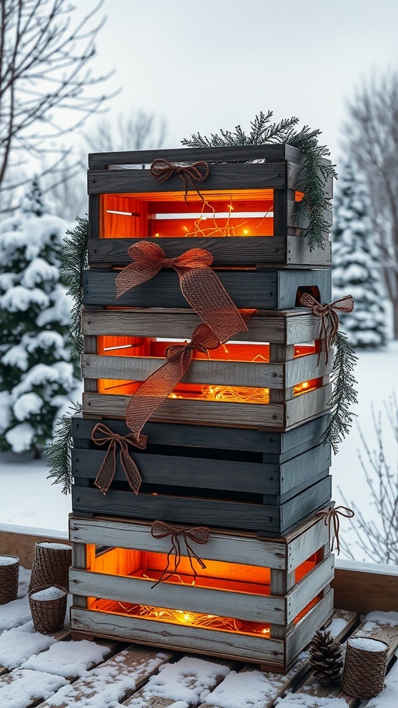 Stacked wooden crates with lights and greenery for Christmas decoration