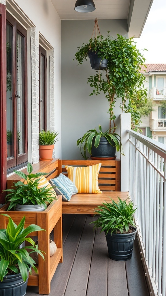 A cozy balcony featuring a wooden planter bench with colorful cushions and various potted plants.