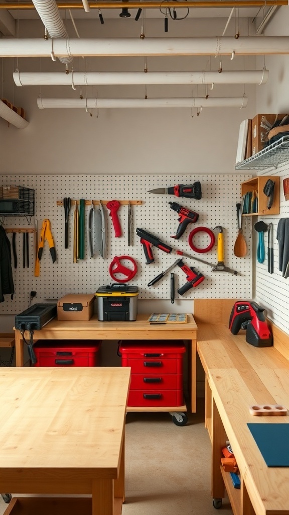 A well-organized DIY workshop with pegboards displaying tools, red storage drawers, and wooden work surfaces.