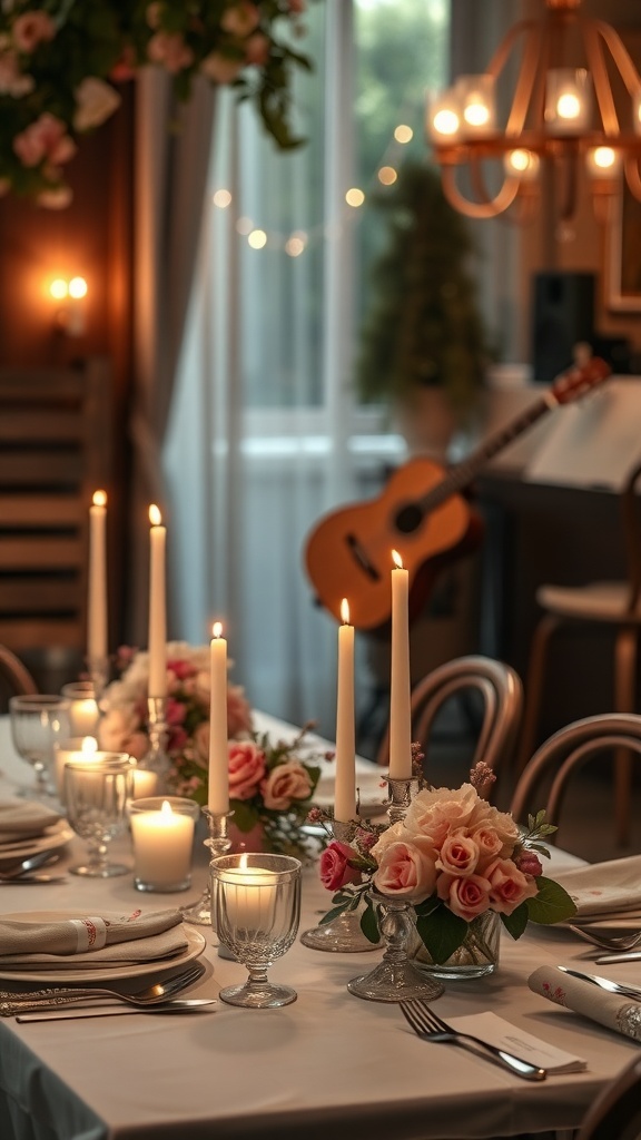 A beautifully set spring table with candles, flowers, and a guitar in the background.