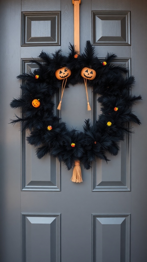 A black wreath with jack-o'-lanterns and flowers hanging on a dark door.