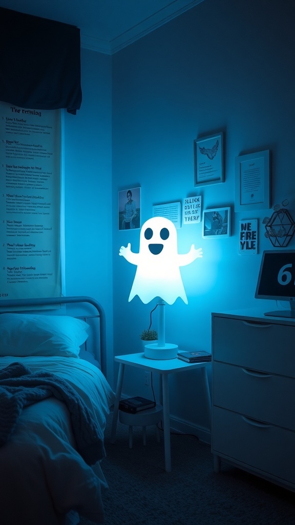 A ghost reading book lamp glowing in a cozy dorm room setting.