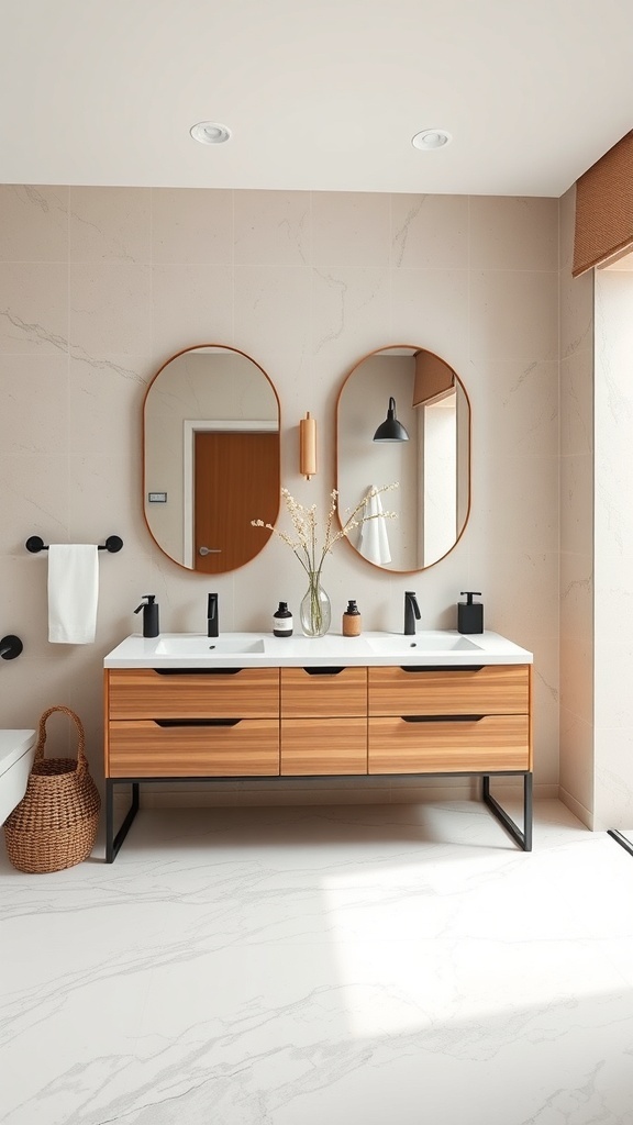 A modern double vanity in a bathroom featuring wood cabinetry, white countertop, and round mirrors.