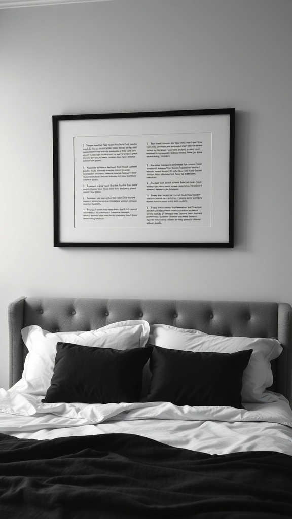 Black and white framed text art above a bed with gray upholstered headboard and black pillows