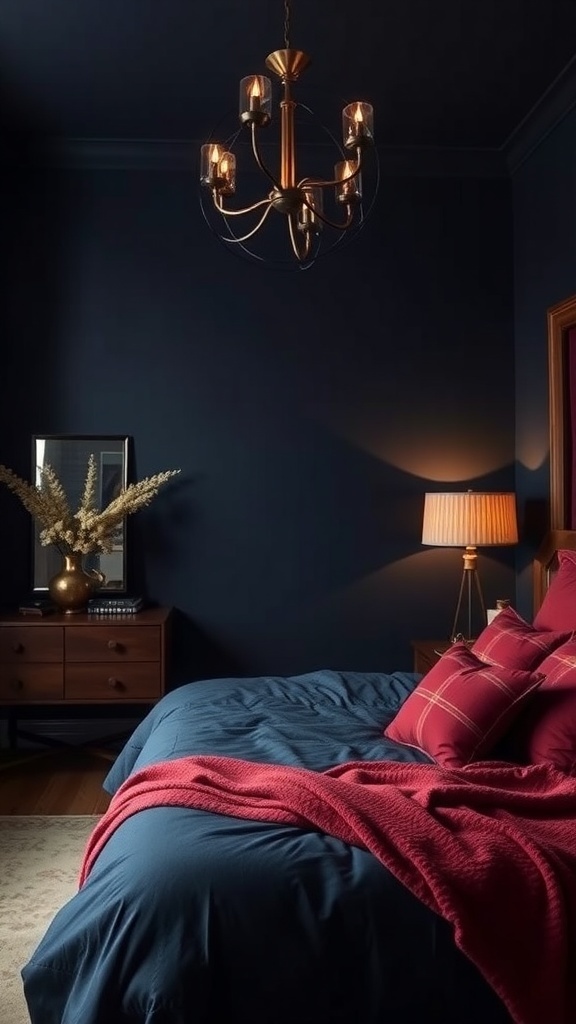 A cozy navy blue bedroom featuring burgundy accents, a gold chandelier, and warm lighting.