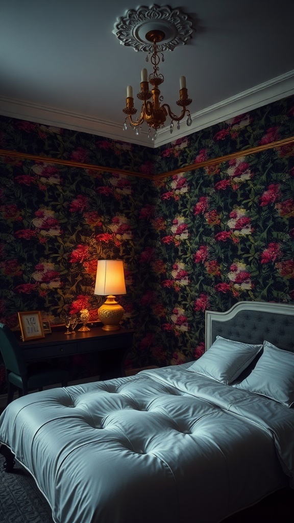 A cozy bedroom featuring dramatic floral wallpaper, a soft bed with white bedding, and warm ambient lighting from a lamp.