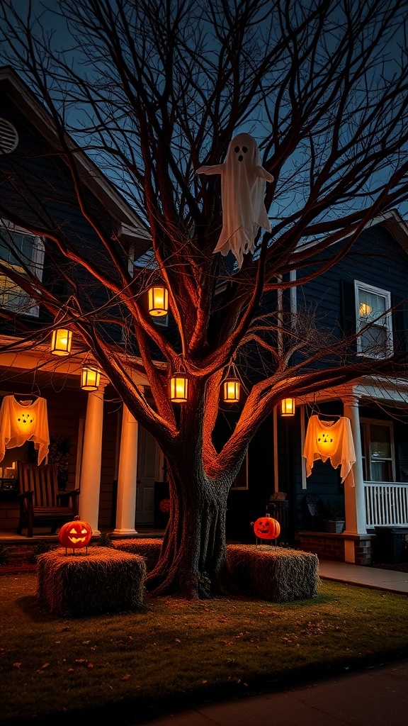 A spooky front yard display featuring a bare tree with ghost figures, glowing lanterns, and carved pumpkins.