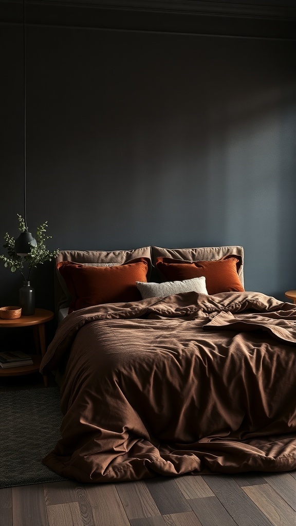 A cozy bedroom featuring a chocolate brown bedspread, accent pillows, and deep brown walls, creating a warm and inviting atmosphere.