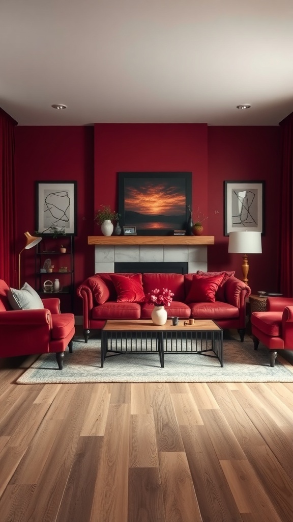 Living room featuring dramatic red walls and earthy neutral furnishings