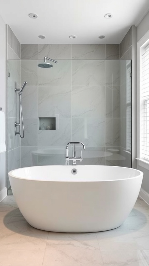 A modern bathroom featuring a freestanding tub in front of a spacious double shower with glass walls.