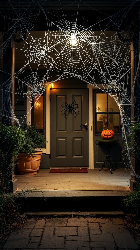 A front porch decorated with spider webs and a plastic spider, featuring a carved pumpkin on a stand.