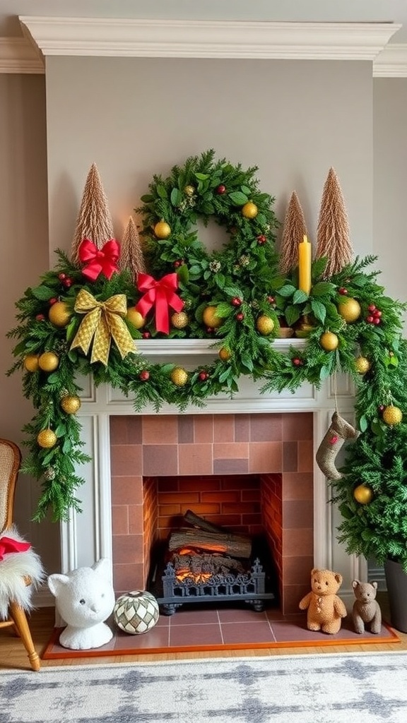 A beautifully decorated mantel with a lush green garland, ornaments, and a cozy fireplace.
