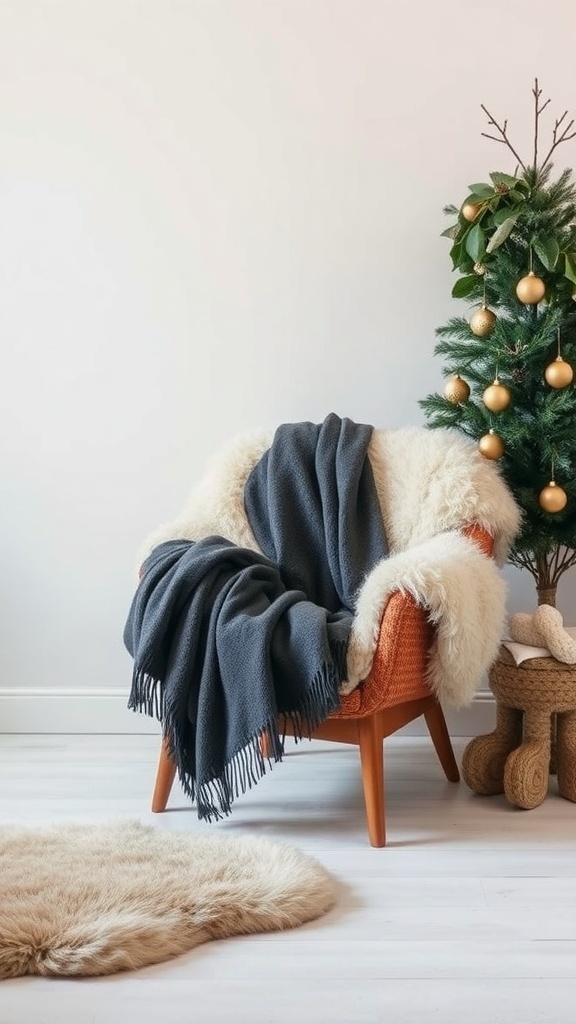 A cozy chair with a sheepskin and gray throw, next to a minimalist Christmas tree.