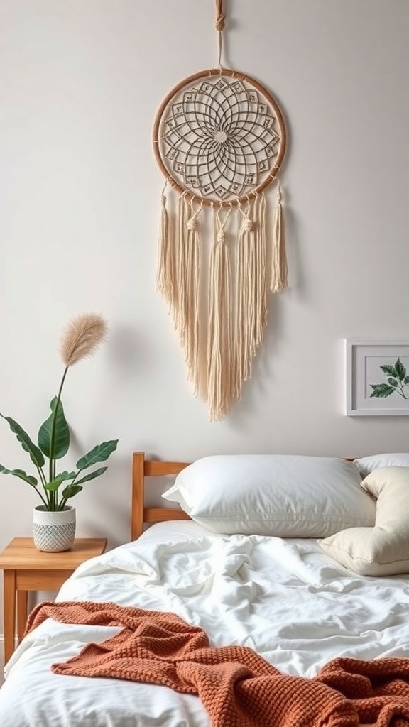 A dream catcher wall hanging with intricate designs, complementing a cozy bedroom setting with soft bedding and a plant.