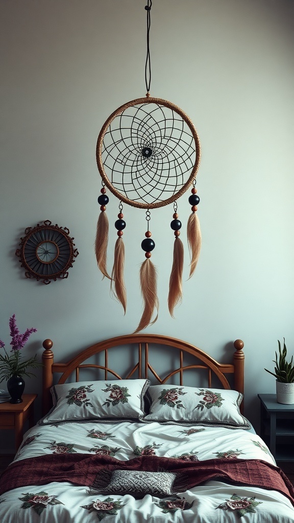 A cozy bedroom featuring a dreamcatcher hanging above a bed with floral bedding and a wooden frame.