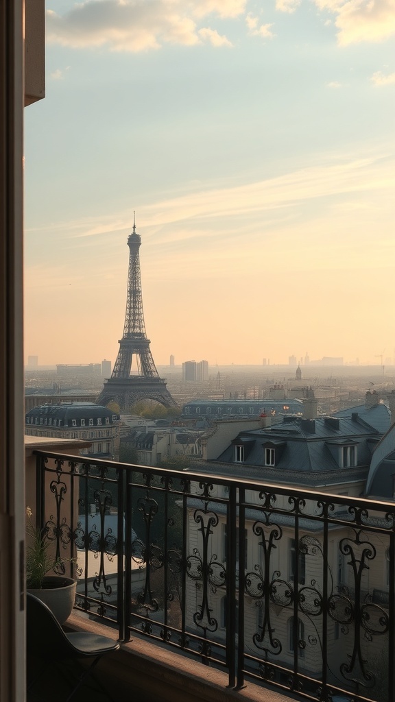 A balcony view of the Eiffel Tower in Paris at sunset, framed by ornate railings and vibrant flowers.