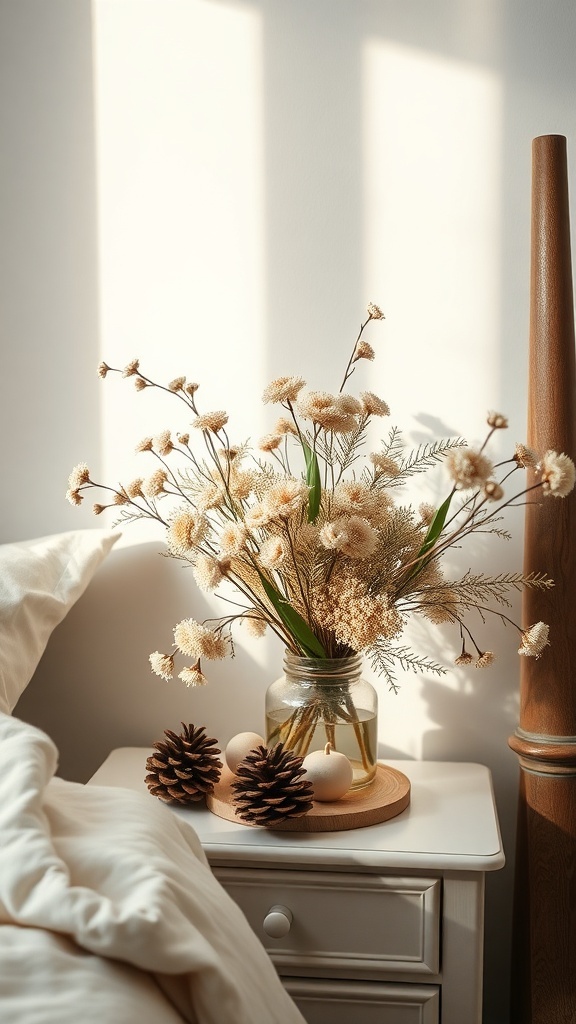 A cozy bedroom nightstand with a glass jar of dried flowers, pinecones, and decorative eggs.