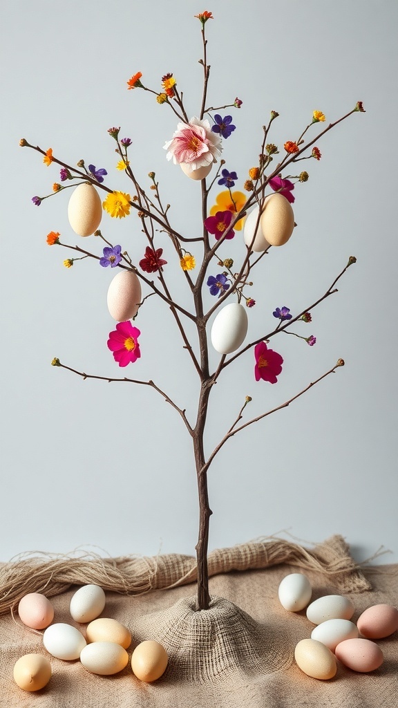 A decorative tree made of branches with colorful dried flowers and Easter eggs, surrounded by pastel-colored eggs on a burlap cloth.