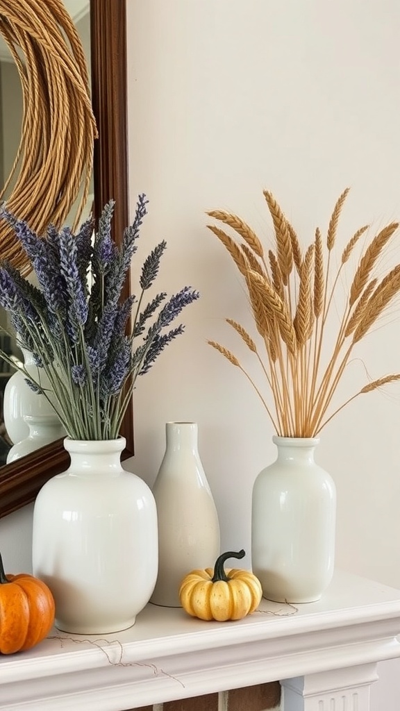 A rustic Halloween mantle arrangement featuring dried lavender and wheat in white vases, with small pumpkins.