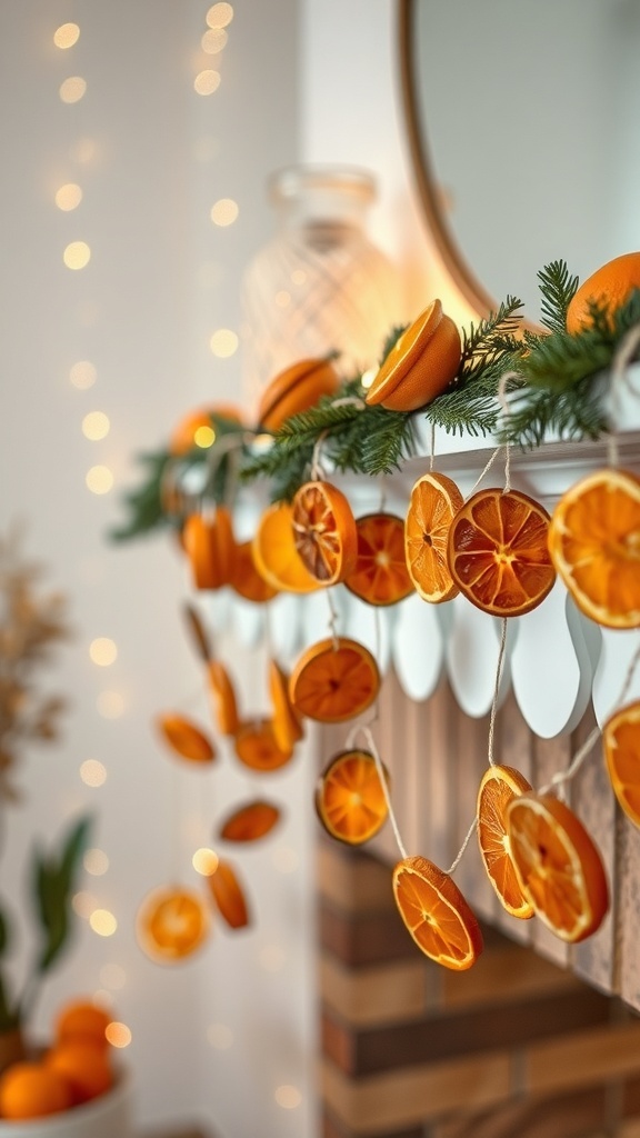 A garland made of dried orange slices and greenery hanging on a mantel with soft lights in the background.
