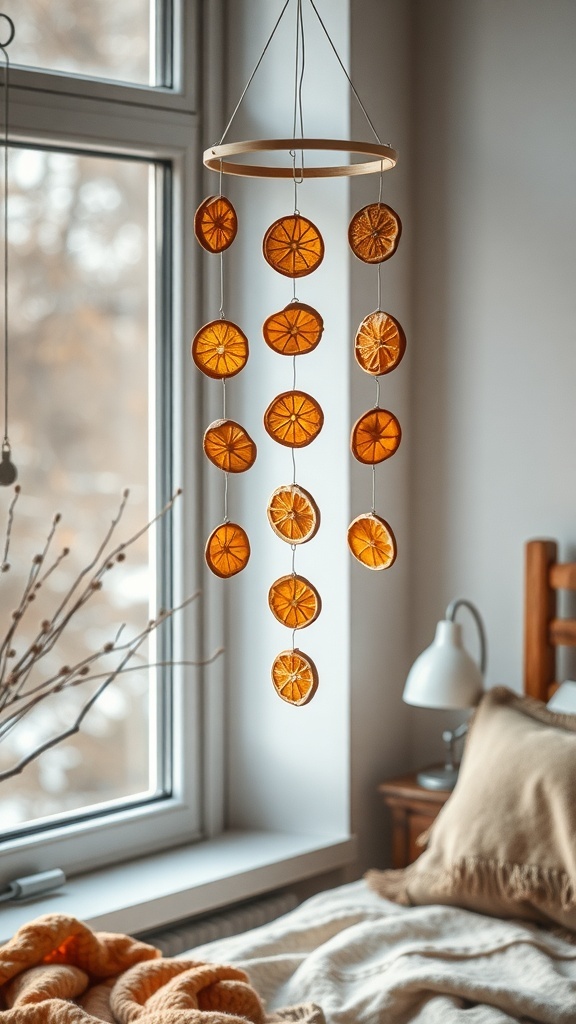 A mobile made of dried orange slices hanging in a cozy bedroom.