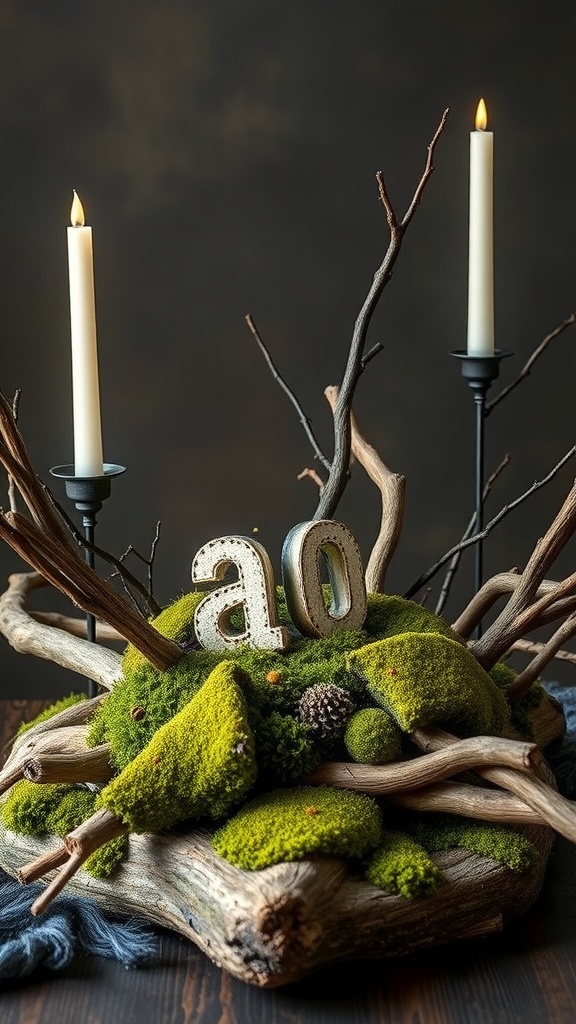 A rustic centerpiece featuring driftwood, moss, and candles, perfect for Halloween decor.