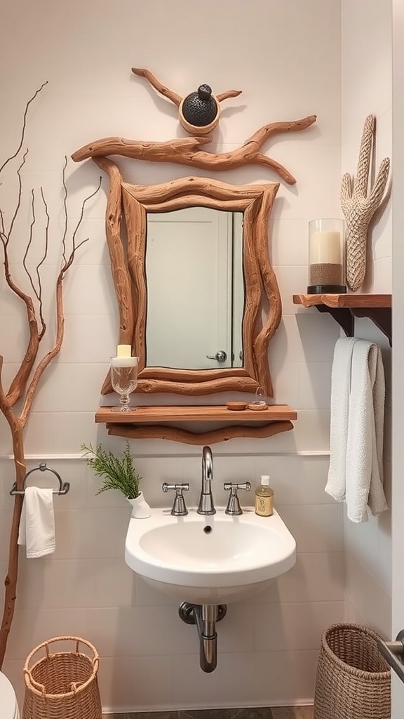 A bathroom featuring driftwood accents, including a mirror and decorative pieces, creating a beachy decor.