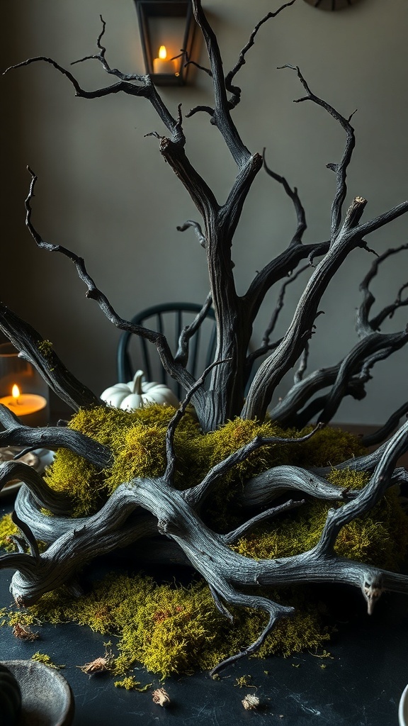 A decorative centerpiece made of twisted driftwood and green moss, set against a dark background.