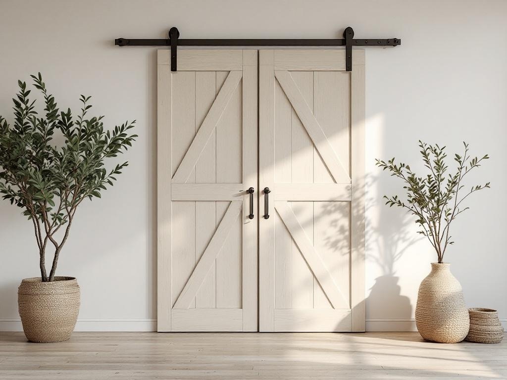 A sliding barn door in Driftwood Beige stain, flanked by potted plants, creating a light and airy atmosphere.