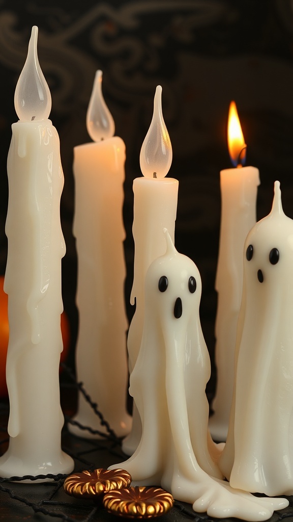 A collection of ghost-shaped candles with dripping wax, some lit and others unlit, set against a dark background.
