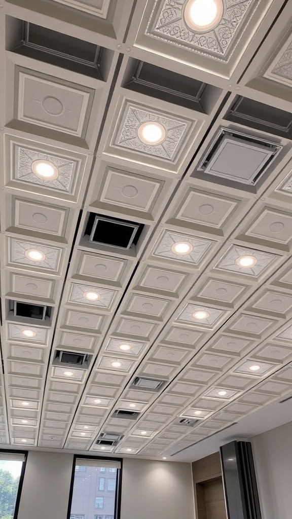 Drop ceiling grid with LED inserts showcasing a modern lighting design