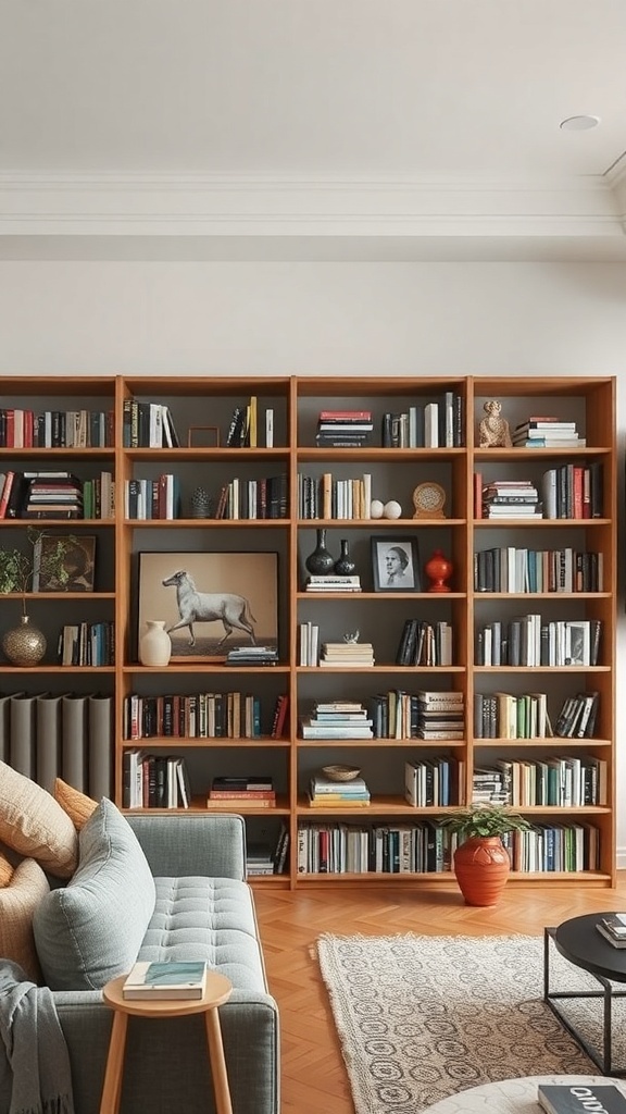 A stylish bookshelf partition in a modern living room, showcasing books and decorative items.