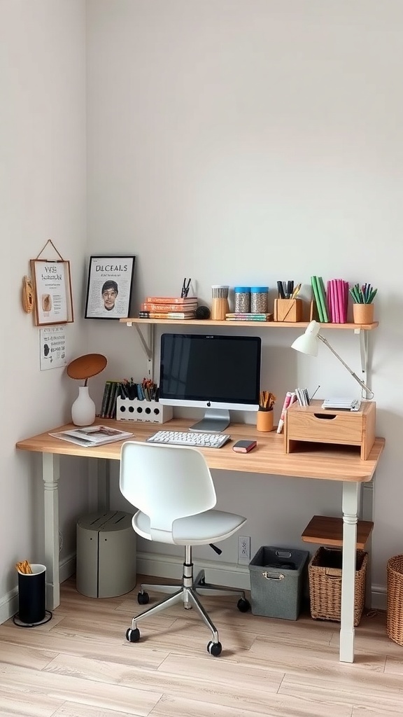 A stylish corner desk setup with a computer, colorful supplies, and organized storage.