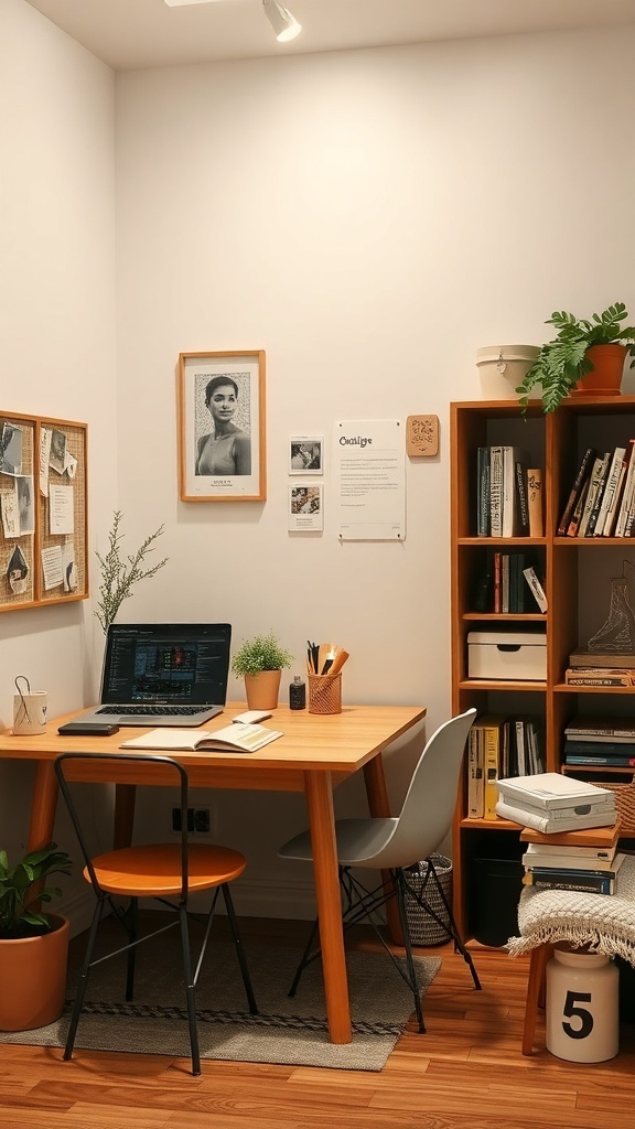 A cozy corner workspace with a wooden table, laptop, and shelves filled with books and decor.