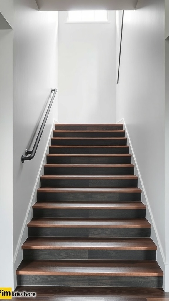 A modern staircase featuring dual-tone design with dark wooden treads and light risers.