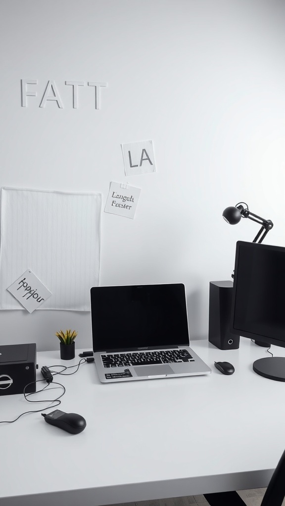A modern home office setup featuring a laptop and a dual monitor, showcasing a clean and productive workspace.