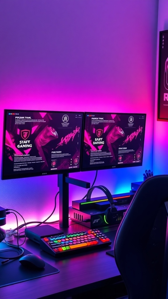 A dual monitor gaming setup featuring vibrant screens, a colorful keyboard, and ambient lighting.