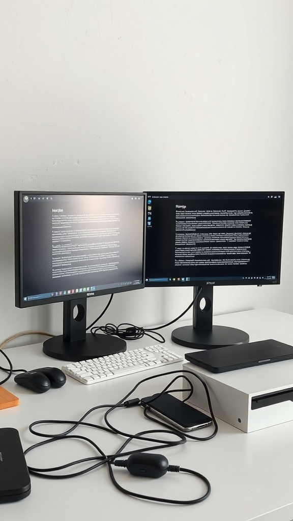 A dual monitor setup with cable management, featuring two monitors on stands, a keyboard, and a mouse on a clean desk.