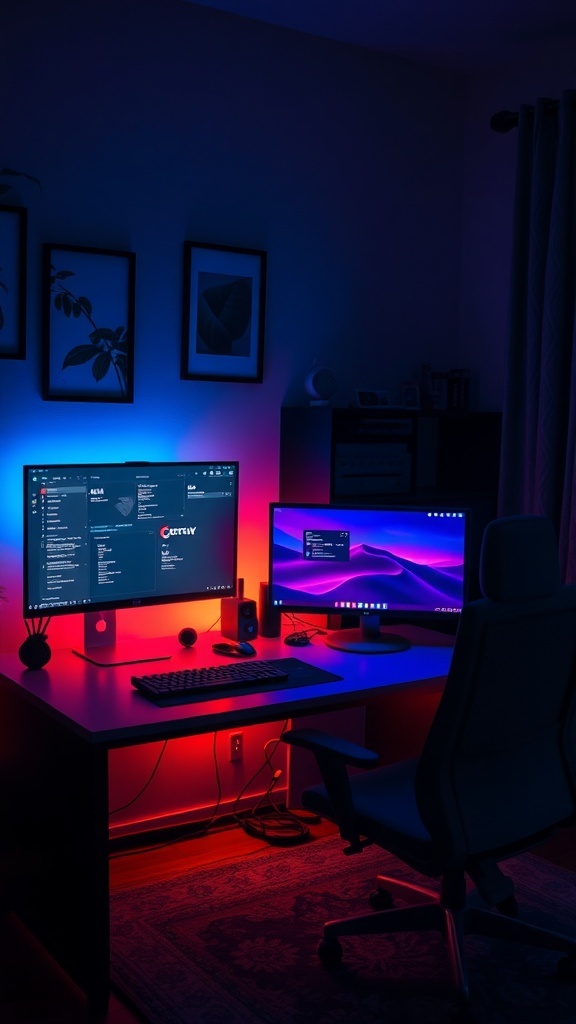 A home office with dual monitors and ambient lighting in blue and red.
