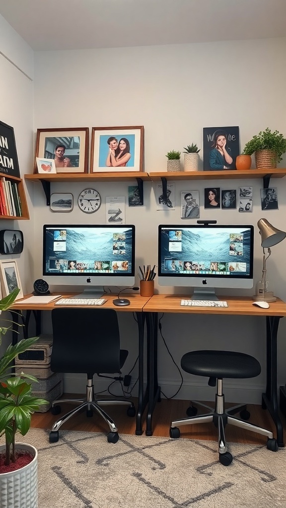 A cozy home office with dual monitors, framed photos on the wall, and plants.