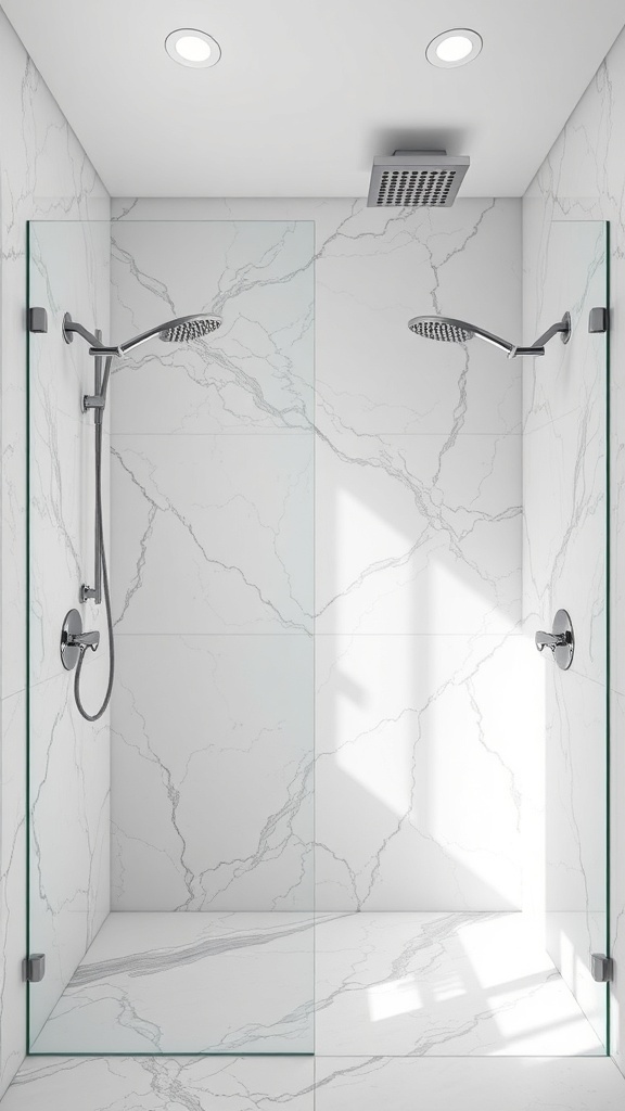A modern walk-in shower with dual showerheads and marble tiles.