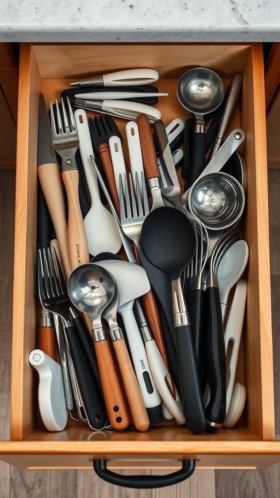 A cluttered kitchen drawer filled with various utensils and tools.