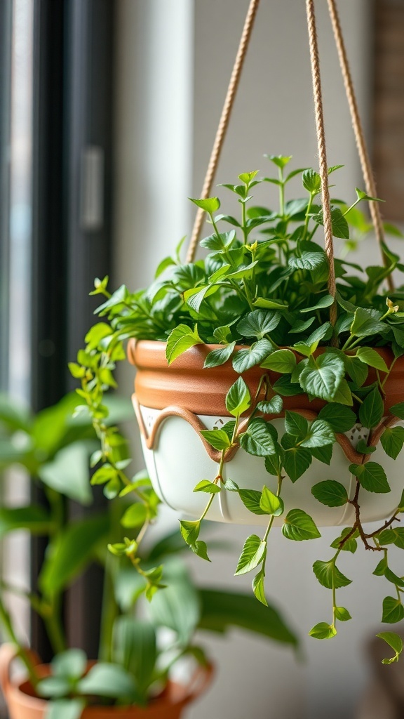 A ceramic hanging planter filled with green plants, showcasing its durability and stability.