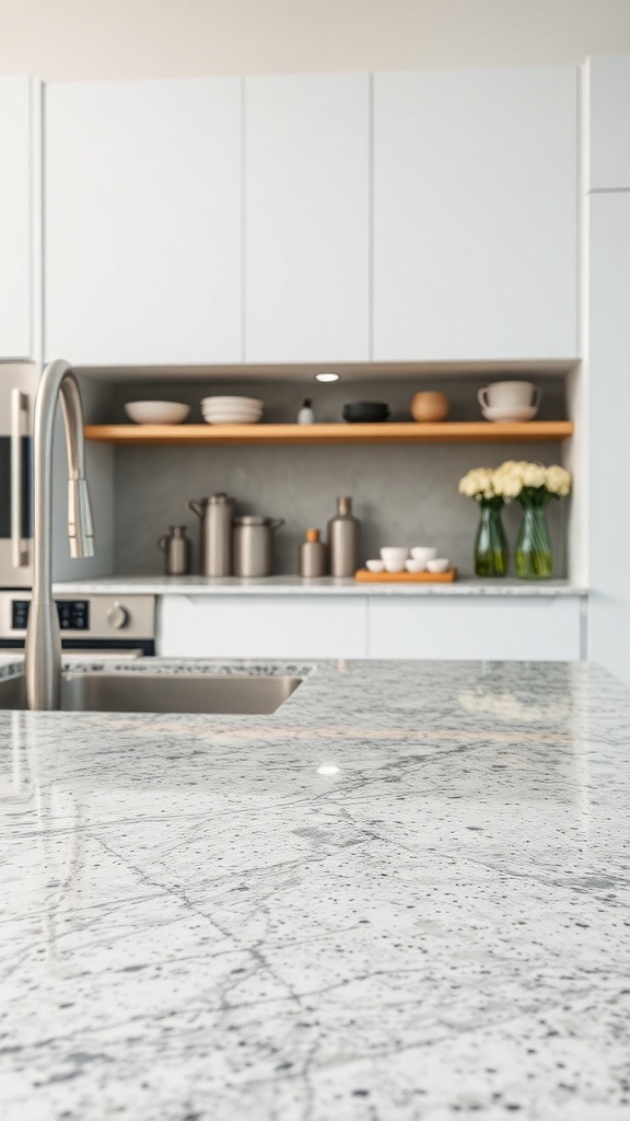 A close-up view of a durable kitchen countertop with a sleek design and elegant veining.