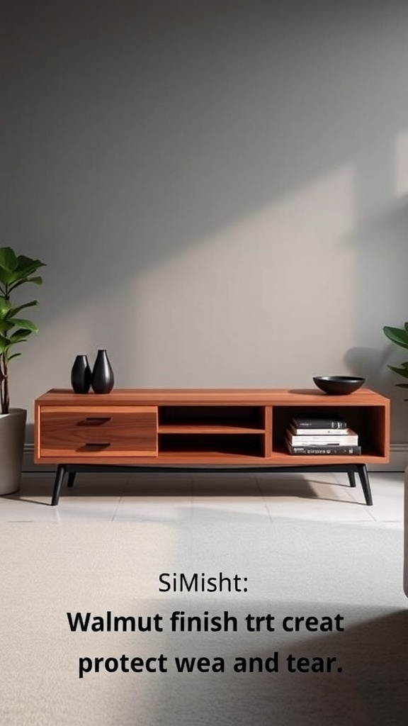 Walnut TV stand with storage, showcasing a durable finish.