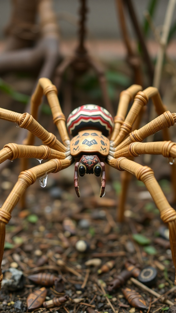A detailed view of a rattan black spider Halloween figure, showcasing its durable materials and intricate design.
