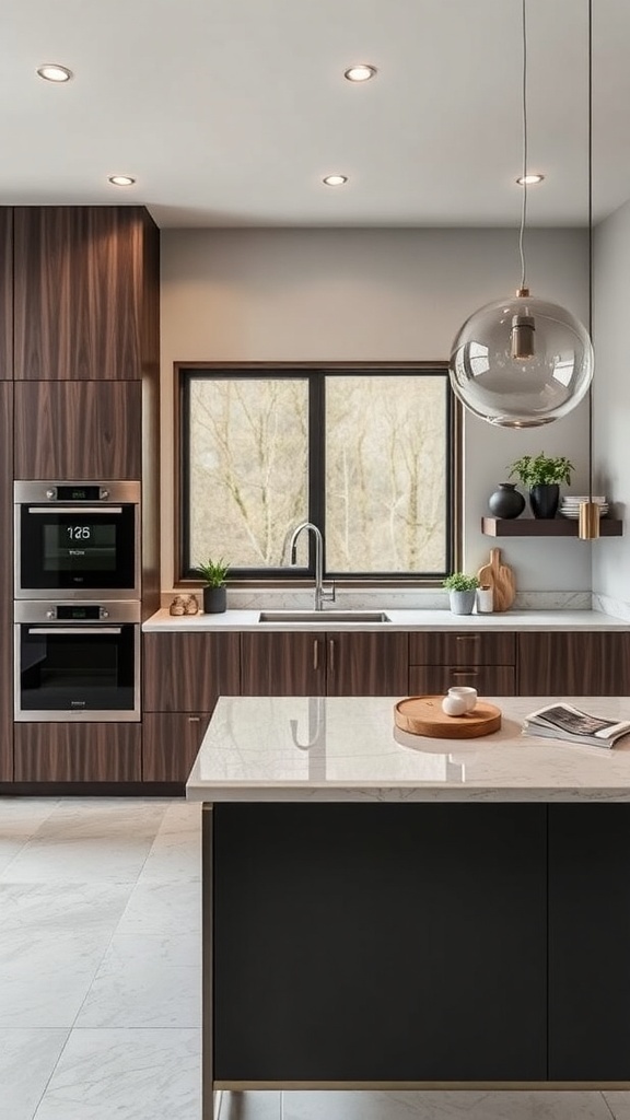 Modern kitchen with marble countertop and wooden cabinetry