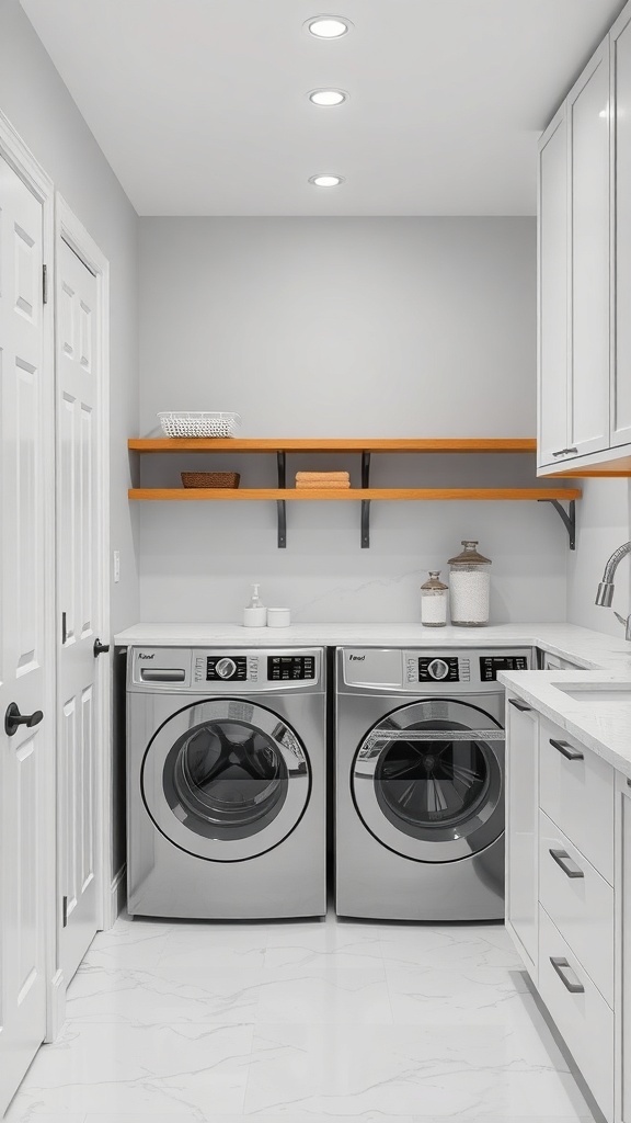 A modern laundry room featuring sleek appliances, light countertops, and open shelving.
