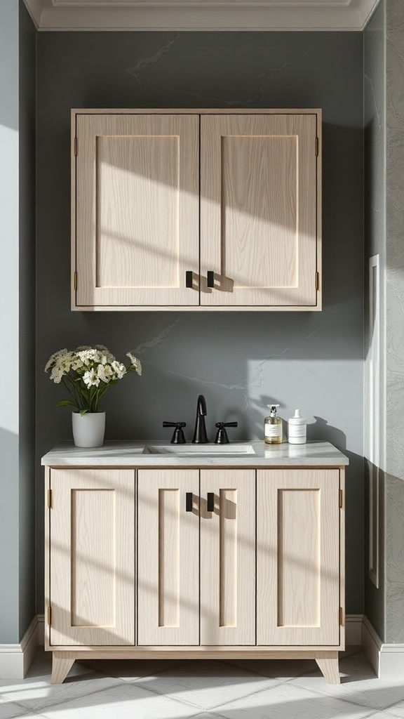 A modern bathroom cabinet with a light wood finish and waterproof laminate, showcasing sleek design and functionality.