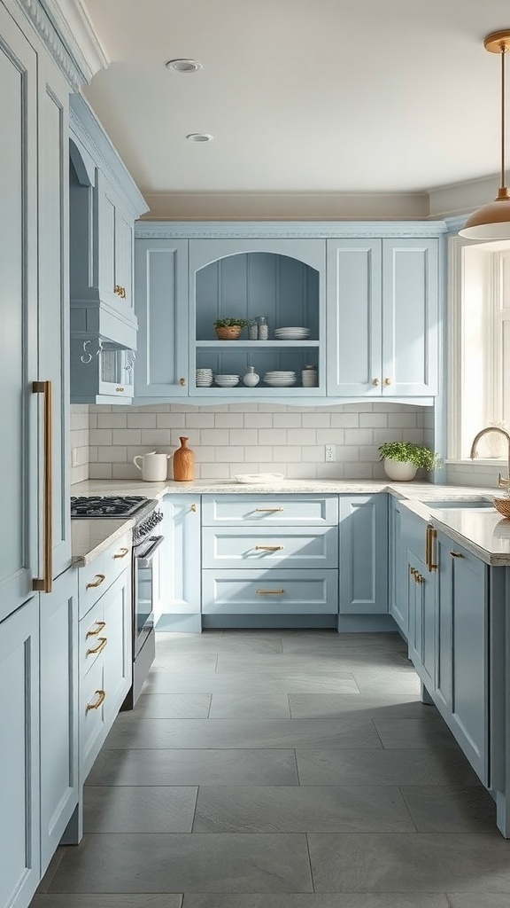 Kitchen with dusty blue cabinets and gray floors, featuring gold hardware and a bright, airy atmosphere.